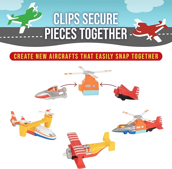 POPULAR PLAYTHINGS Mix or Match Vehicles, Magnetic Snap Toy Play Set, Micro Aircraft with Airplane Helicopter and More, Playmat Included
