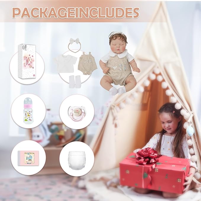 Sleeping Reborn Baby Dolls, 22 Inch Lifelike Newborn Baby with Weighted Cloth Body, Real Vinyl Reborn Doll Girl Peaches with Realistic Veins, Advanced Doll Gift Set for Kids Age 3+