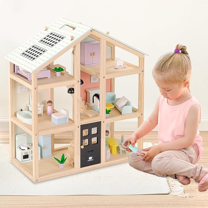 Wooden Dollhouse, Doll House with 38Pcs Furniture Accessories,3 Story Large Doll House, 6 Rooms Pretend Dollhouse, Gift for Girl Ages 3+