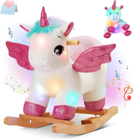 Glow Guards Light Up Musical Unicorn Baby Rocking Horse Set of 2 with Safety Belt White Unicorn Rocker Baby Rocking Chair Ride on Unicorn for Toddlers 1-3