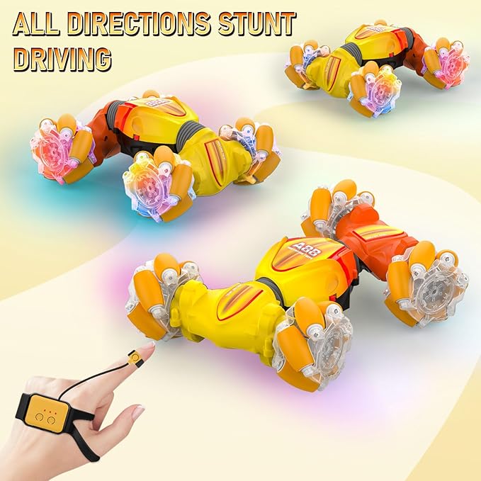 Gesture Sensor RC Cars, Hand Controlled Stunt Remote Control Car Toys for 6-12 yr Kids Boys, 2.4GHz 4WD Double Sided RC Twist Car with Lights Music, Birthday Xmas Gifts for Boys Girls, Yellow