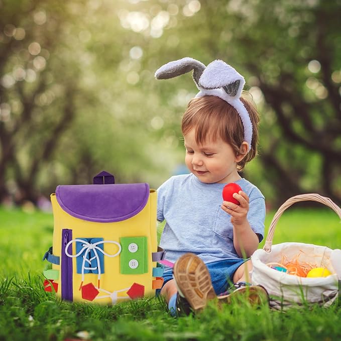 Busy Board - Toddler Backpack with Buckles and Learning Activity Toys - Develop Fine Motor Skills and Basic Life Skills - Learn to Tie Shoes - Children's Travel Toy (Yellow)