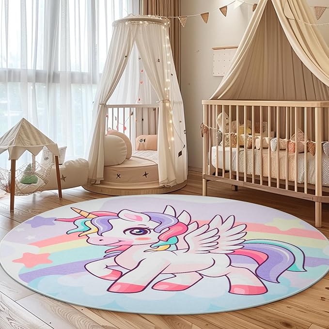 Round Rug for Kids Room Unicorn Circle Rugs for Bedroom Kids Rugs for Playroom Girls Cute Cartoon Carpet Living Room Dining Room Decor 47x47 inch