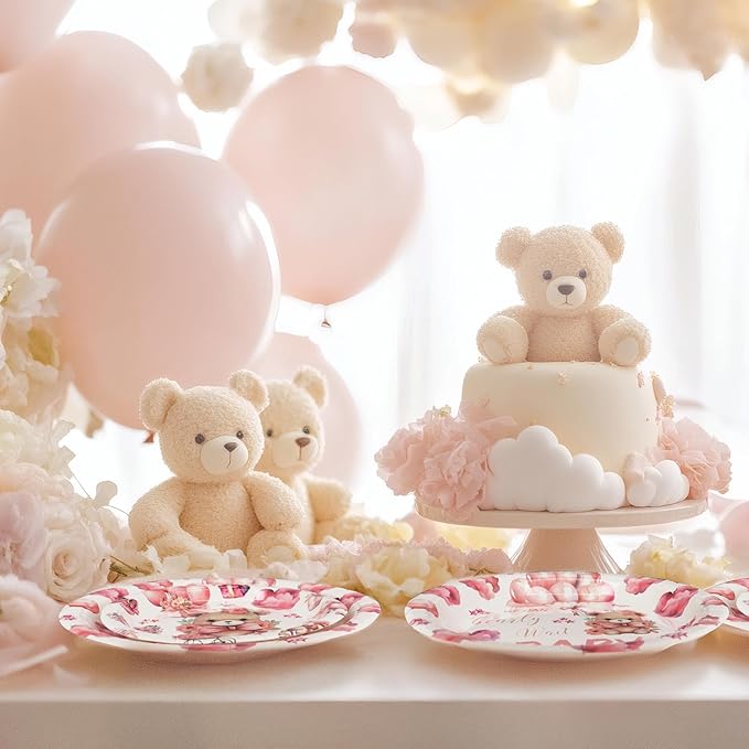 40 Guests We Can Bearly Wait Baby Shower Plates – Pink Teddy Bear Plates and Napkins Set for Girl Baby Shower Decorations