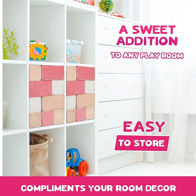 Set of 24 Soft Building Blocks for Kids - Fabric Covered Toy Foam Blocks for Stacking, Play Time, Making Structures - Promotes Gross Motor Skills - 8.25x4.25x3 (Rose Pack)