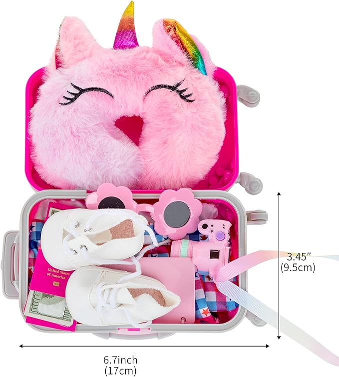 ZQDOLL American 18 inch Doll Clothes and Accessories - Travel Suitcase Play Set Including Suitcase Clothes, Shoes, Sunglasses, Camera, Unicorn Pillow, for 18 inch Doll(No Dolls)