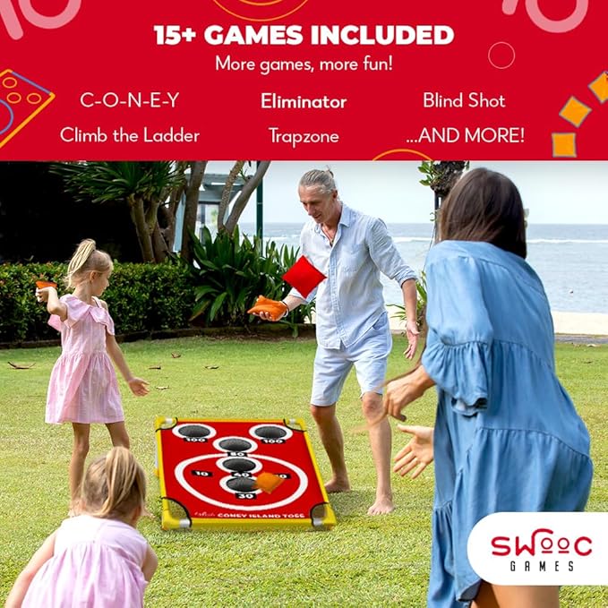 SWOOC Games - Coney Island Toss™ - Arcade Style Cornhole Board Set w/Carrying Case & 15+ Games - Corn Hole Games for Adults - Kids Bean Bag Toss Game - Kids Cornhole Set w/Bags - Outdoor Yard Games