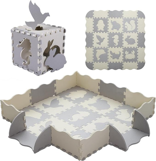 Foam Play Mat for Kids,25Pcs Square Interlocking Puzzle Floor Mat,Baby Play Mat Floor Mat Foam Puzzle Playmat for Toddlers with Fence(Animal-CSH039