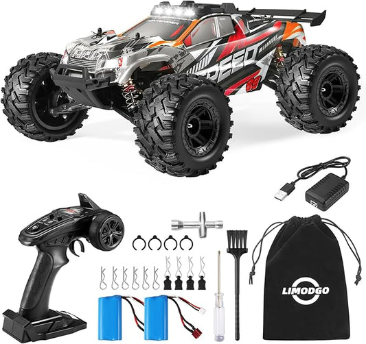 1:10 Large Brush RC Car for Adults, Fast Remote Control Car, 28+ MPH Rc Hobby Truck with Headlights, All Terrain 2.4Ghz Electric Hobby Rc Cars, 4WD Off Road Monster Truck for Adults - Red