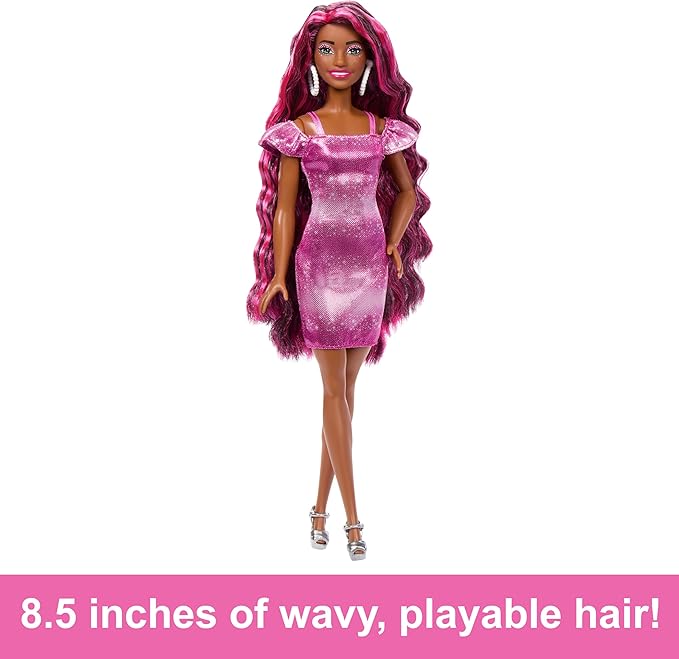 Barbie Doll, Fun & Fancy Hair with Extra-Long Colorful Black Hair and Shimmery Pink Dress, 10 Fashion Play Accessories