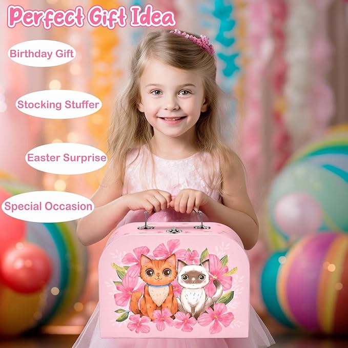 Cat Tea Party Set for Little Girls - 19pcs Pretend Play Toy, Birthday Gift for Toddlers Ages 3 4 5 6 Year Old, Includes Kitten Tin Tea Set, and Carrying Case - Ideal Stocking Stuffers for Kids