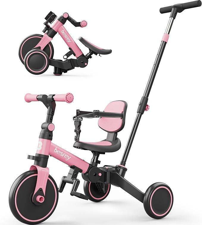 besrey 5 in 1 Toddler Bike, Toddler Tricycle for 1-3 Year Old, Trike with Push Handle, Backrest and Safety Belt, Birthday Gifts and Toys for Boys and Girls, Balance Bike