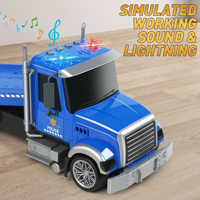 Dwi Dowellin 27" Large Friction Powered Police Truck Toy with Car and Helicopter,Semi Truck Toys for 3 4 5 6 Years Old Toddlers Kids Boys & Girls Gift