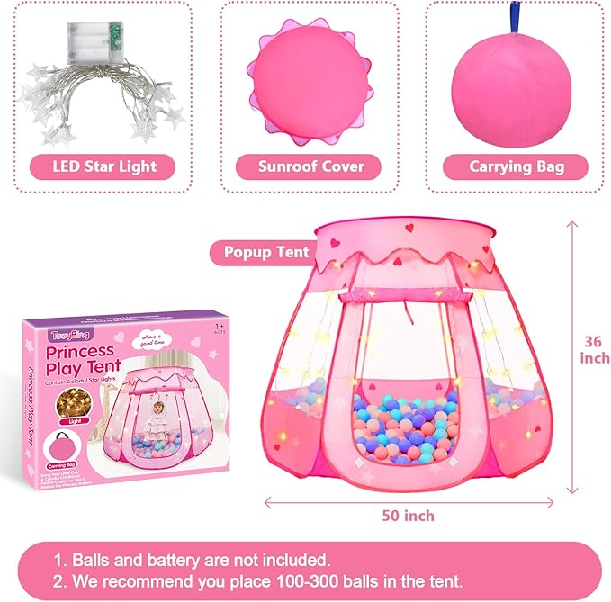 Pop Up Princess Tent with Star Light, Toys for 1 2 3 Year Old Girl Birthday Gift, Ball Pit for Baby 12-18 Month, Foldable Kids Play Tent for Toddler 1-3, One Year Old Girl Toy Indoor Outdoor