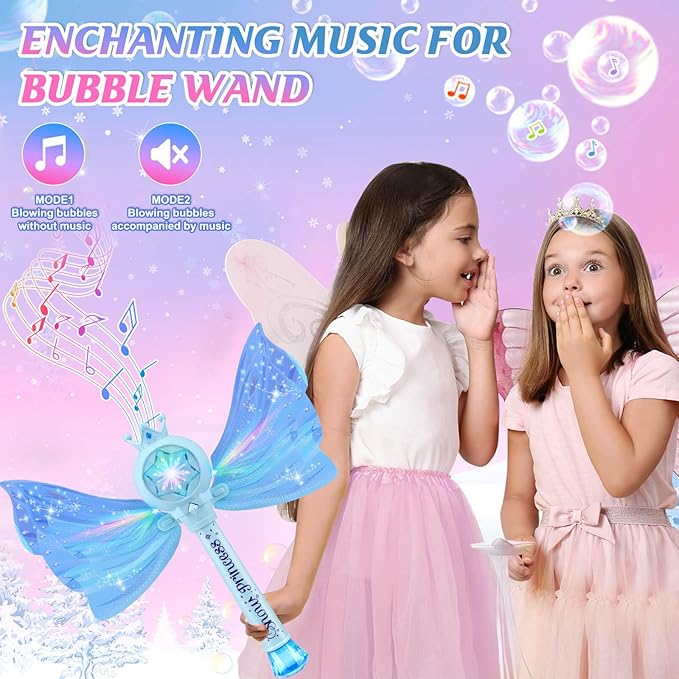 Bubble Wands for Kids Girls - LED Light & Music Bubble Machine: 3 AA Batteries & 2 Bubble Solutions, Outdoor Party Birthday Toys for Toddlers, Gift for 3 4 5 6 7 8 Year Old Girls, Blue