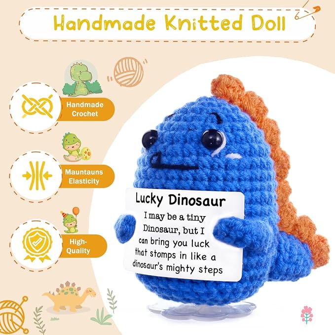 Funny Easter Basket Stuffers Positive Crochet Animals Dinosaur, Stress Relief Gifts for College Student Graduation Boyfriend Husband Women Birthday Desk Decor(Deep Blue Dinosaur)