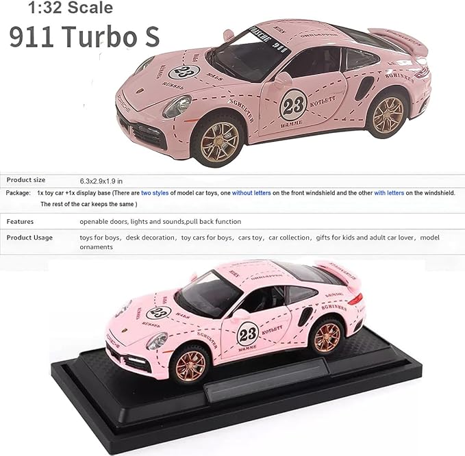 Toy Car Model Porsche 911 Turbo S Car Ornaments, Alloy Diecast Car Toy with Display Base, Pull Back Car Toys with Light & Sound for Kids Age 4-8 Girls Gift Pink