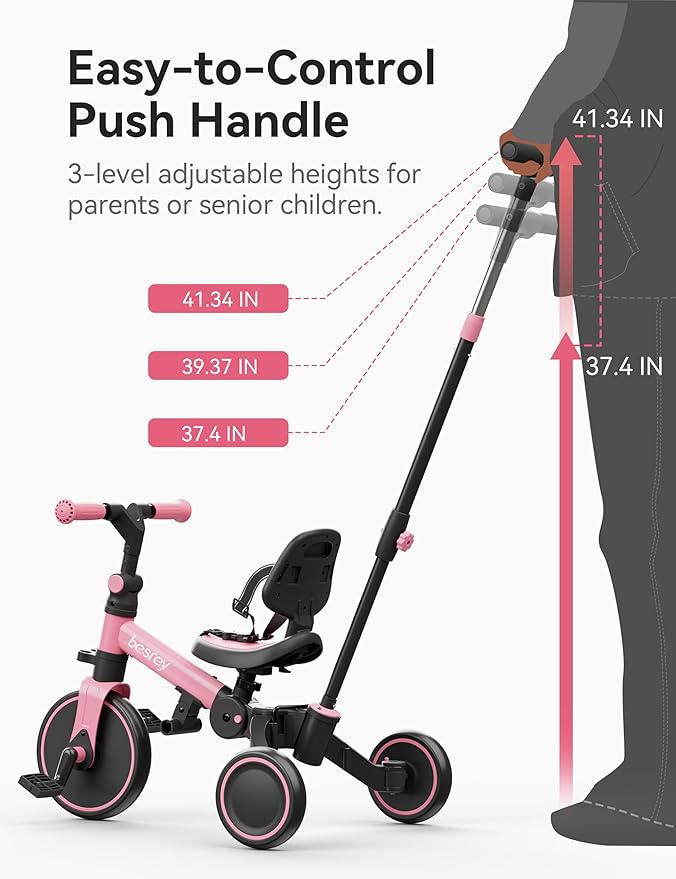 besrey 5 in 1 Toddler Bike, Toddler Tricycle for 1-3 Year Old, Trike with Push Handle, Backrest and Safety Belt, Birthday Gifts and Toys for Boys and Girls, Balance Bike