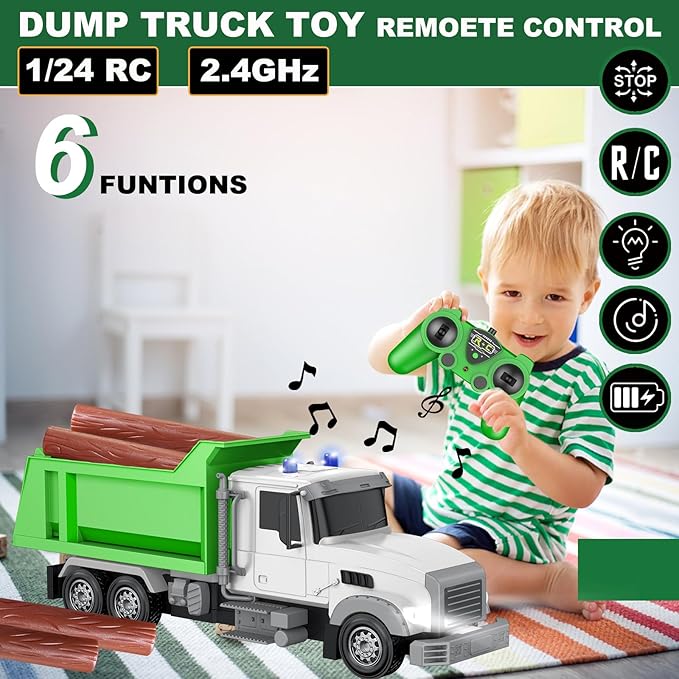Remote Control Construction Dump Truck Toy RC Vehicle,6 Channel Truck Toys w/ 6 pcs Wood,2 Rechargeable Batteries,1/24 Scale Dump Truck,B'day Gifts Ideas Boys Age 3-8 Year Old,Green Dump Truck