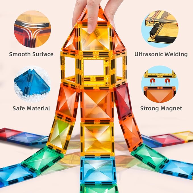 TOKBLOK 64Pcs Clear Diamond Magnetic Tiles - STEM Educational Building Blocks Toys for 3-6 Year Old Boys & Girls | Ideal for Toddler Early Development (Starter Set)