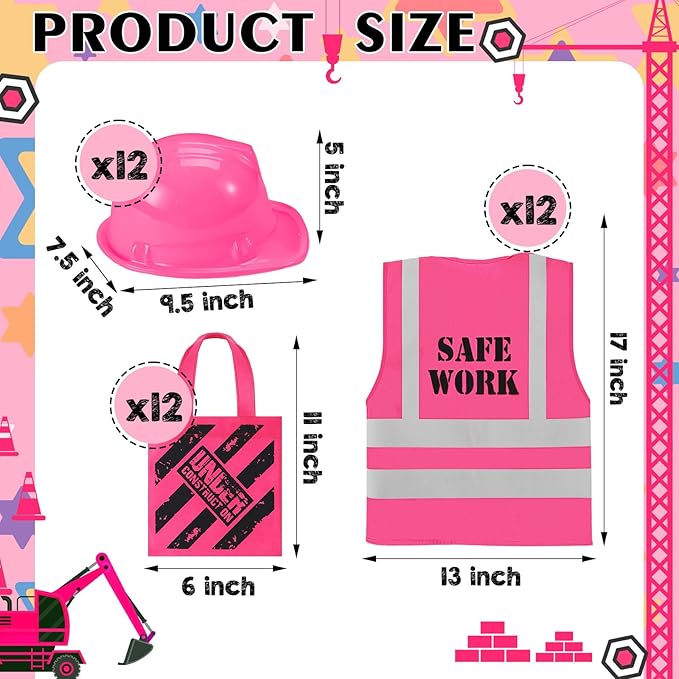 Geyoga 36 Pcs Kids Construction Worker Costume Construction Dress up Party Favors Vests Hats Bag for Birthday Age 3-8