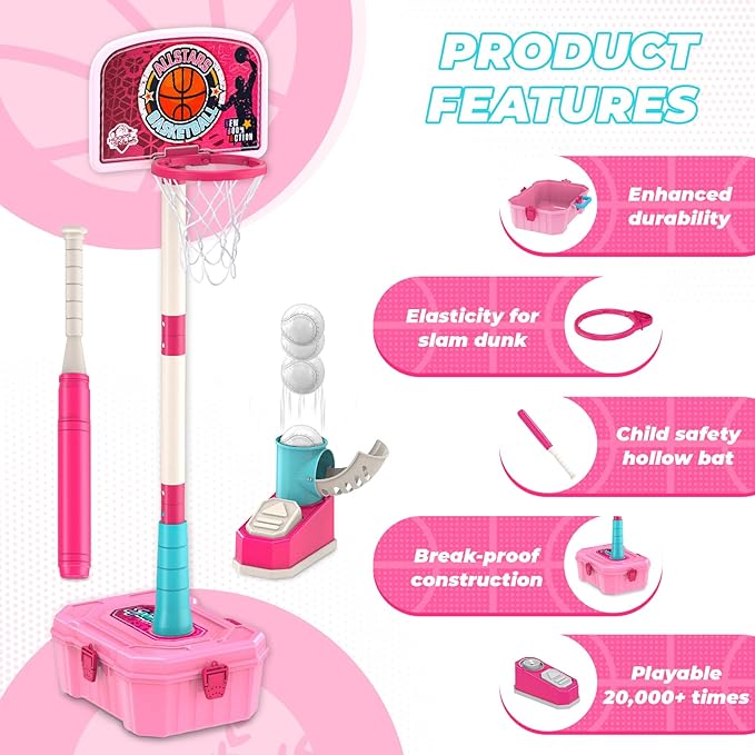 4-in-1 Toddler Basketball Hoops and T-Ball Set, Height Adjustable Kids Basketball Hoops, Baseball Launcher, Indoor/Outdoor Hanging T-Ball Baseball Toys for Boys and Girls Ages 3+(Pink)