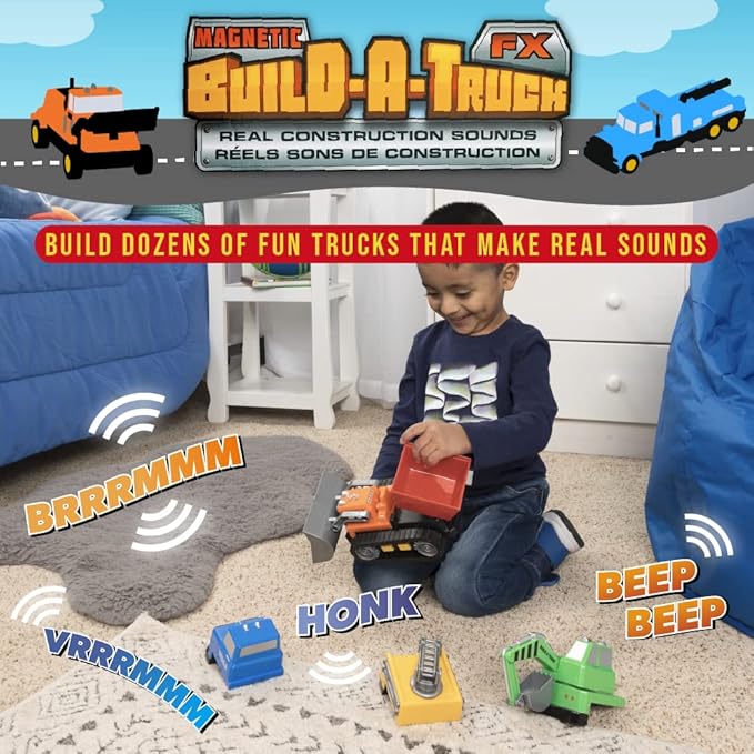 POPULAR PLAYTHINGS Magnetic Build-a-Truck Set - 4 Construction Vehicles with Real Construction Site Sounds