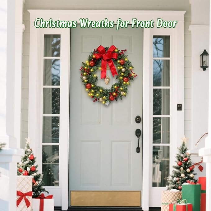 20" Large Christmas Wreath with LED Lights Winter Wreaths for Front Door or Wall Powered by 3AA Batteries for Indoor Outdoor Party Christmas Decorations