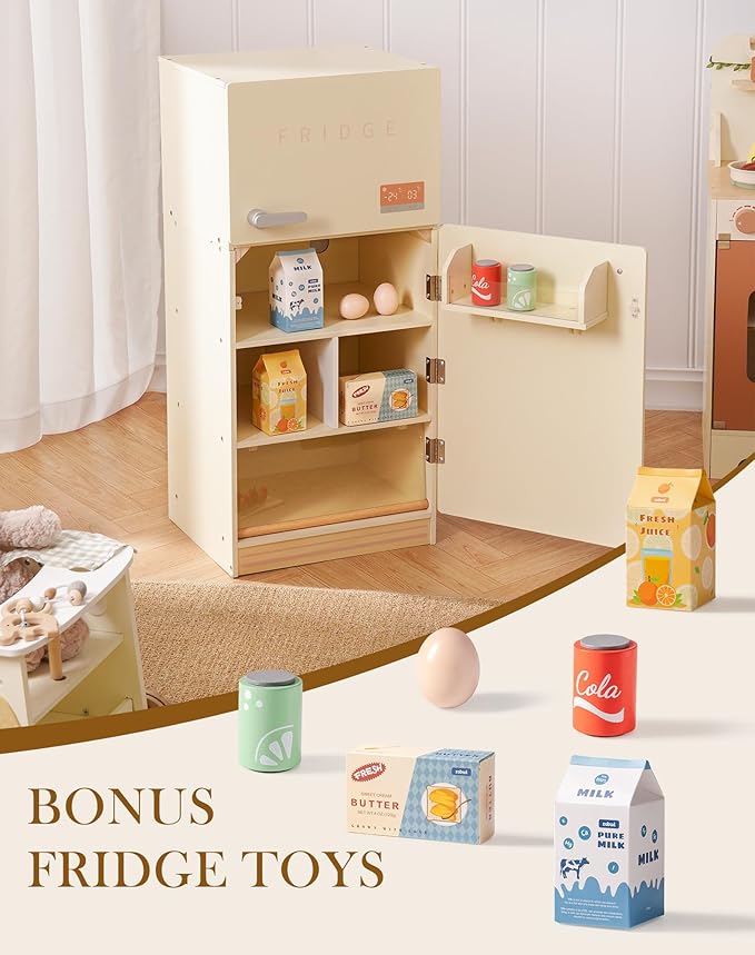 ROBOTIME Play Kitchen Toy Fridge - Wooden Toy Refrigerator with Accessories, Pretend Play Kitchen Set for Kids & Toddlers, Freezer with Play Food for Ages 3+ (Creamy Rustic Style)