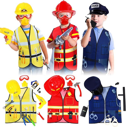 Bonuci 3 Sets Kids Dress up for Play Age 3-7 Years Old,dress up Costumes Vest Set Police,fireman and Worker for Toddler Kids Boys Pretend Role Accessories