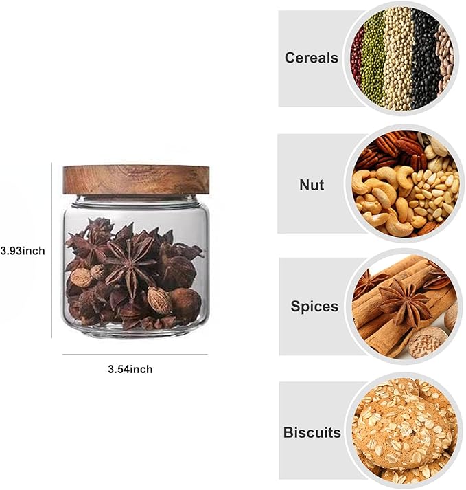 Glass jar candy Containers - 16oz kitchen Glass Airtight Storage jar With Acacia Airtight Lid,for kitchen Seasoning, coffee bean, tea, suger, herbs (4)