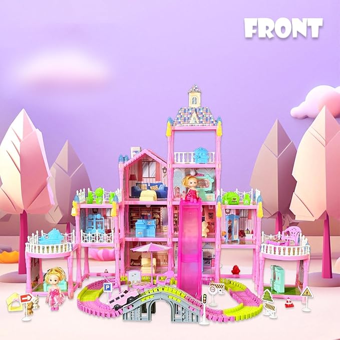 Dream Dollhouse, Racing Track, Dolls House playset with Toy Furniture and 4 Level Slide, Furniture, 1 Doll and 1 Buggy Toy and 10+ Tracks Pet and Puppy Play Area 13 Rooms