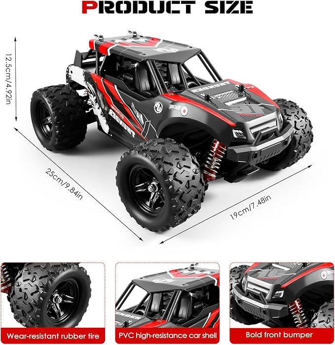 1:18 Scale RC Cars, 36 KM/H High Speed, 2.4 GHz Remote Control and 2 Rechargeable Batteries,4 Shock Absorbers, for Xmas (Red)