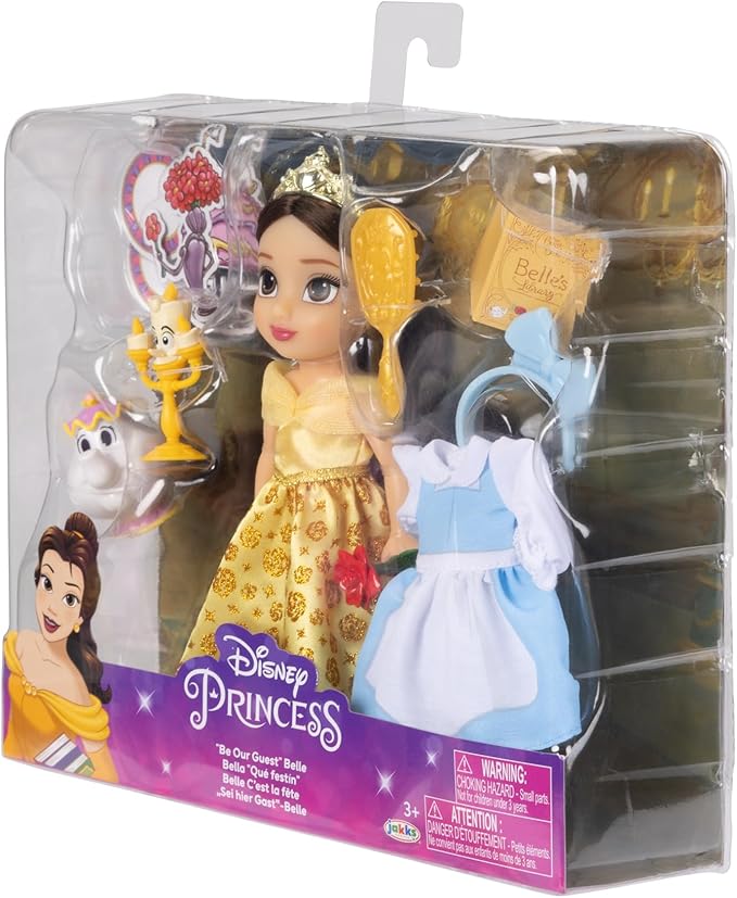 Disney Princess Belle Doll Be Our Guest Petite Belle Doll with Mrs. Potts & Lumiere, in Yellow Ball Gown and Blue Village Dress Fashions