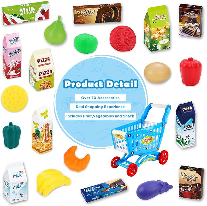 deAO Kids Shopping Cart Trolley Play Set Includes Over 70 Grocery Food Fruit Vegetables Shop Accessories Play Food Role Play Educational Toy (Blue)