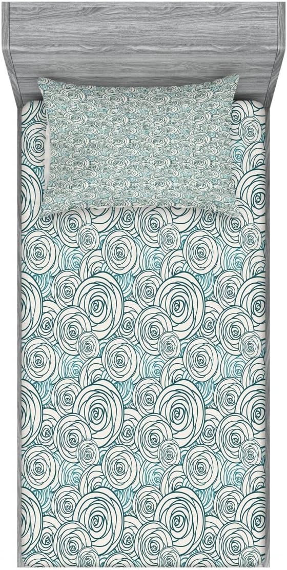 Ambesonne Rose 2 Pack Fitted Sheet & Pillow Sham Set, Doodle Outlines of Flowers, 4 Pcs Bedding Decor, Package Contains 2 Twin Size Fitted Sheets & 2 Pillow Covers, Dark Teal Teal and Cream