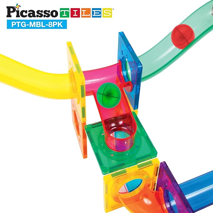 PicassoTiles 8pc Marbles for Magnetic Block Tiles Marble Run Race Track Magnet Building Tile Blocks Racetrack Maze Construction Toys Creative Toy Girls Boys 3 and Up Early Education STEM Learning Kit