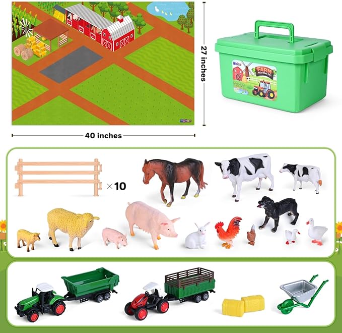 Farm Toy Set and Kids Activity Play Mat with Tractors, Animals, and Large Playmat Farm, Interactive Early Learning Toys for Toddler Boys and Girls - Great Gift for Birthday and Christmas