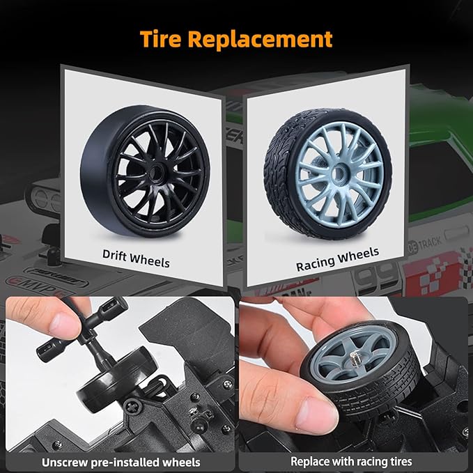 1/16 4WD RC Drift Car, 2.4GHz 4WD Remote Control Car, 18KM/H+ High Speed, LED Lights, Sprayer, Rechargeable Battery, Extra Tires, Unisex Children (8+), Black