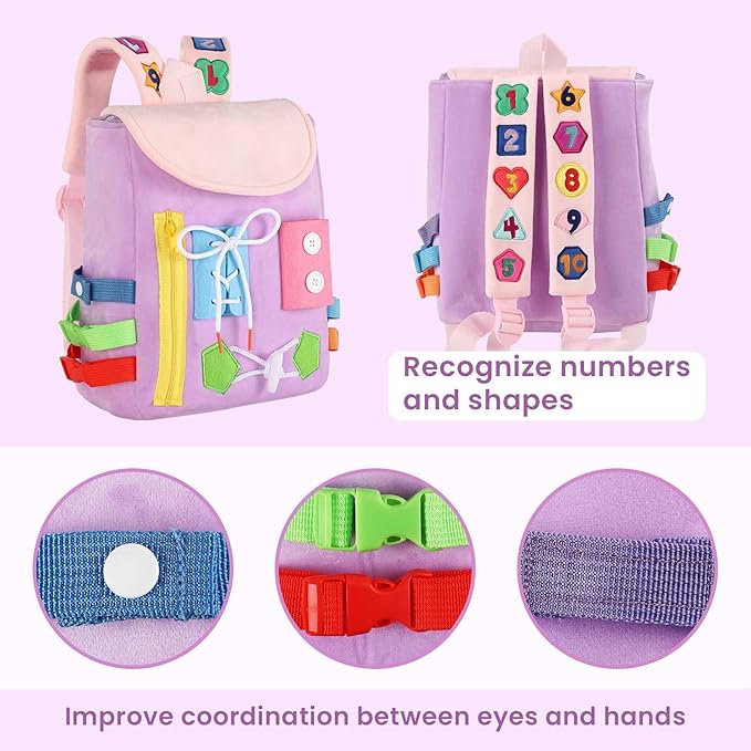 Busy Board - Toddler Backpack with Buckles and Learning Activity Toys - Develop Fine Motor Skills and Basic Life Skills - Learn to Tie Shoes - Children's Travel Toy (Purple)
