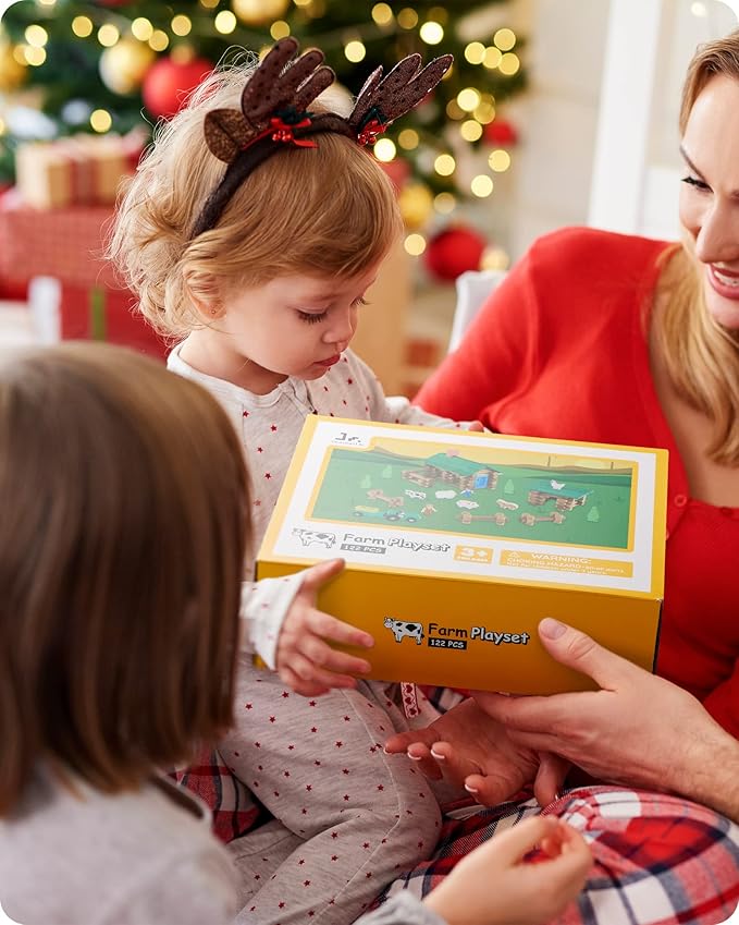 SainSmart Jr. Wooden Log Cabin Set Farm Building House Toy for Toddlers, 122 PCS Classic STEM Construction Kit with Colorful Wood Logs Blocks for 3+ Years Old