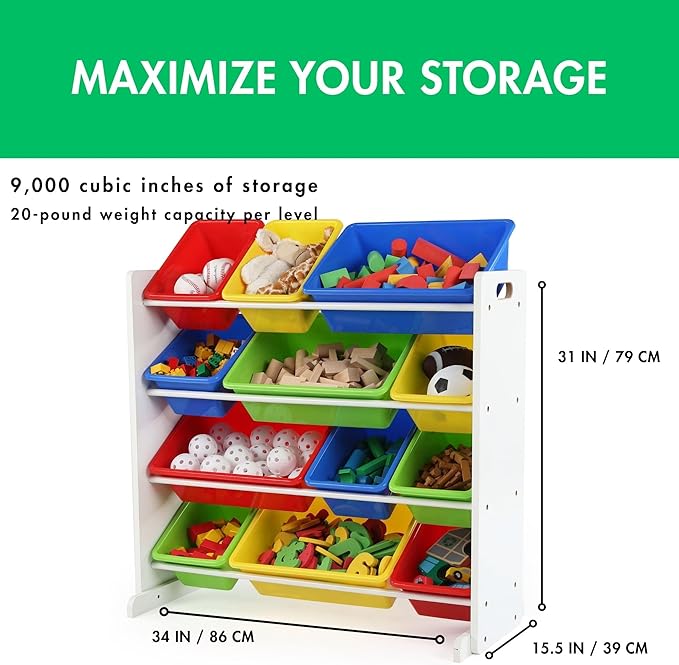 Humble Crew, White/Primary Kids' Toy Storage Organizer with 12 Plastic Bins