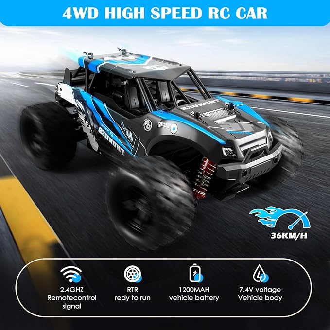 1:18 Scale RC Cars, 36 KM/H High Speed, 2.4 GHz Remote Control and 2 Rechargeable Batteries,4 Shock Absorbers, for Xmas (Blue)