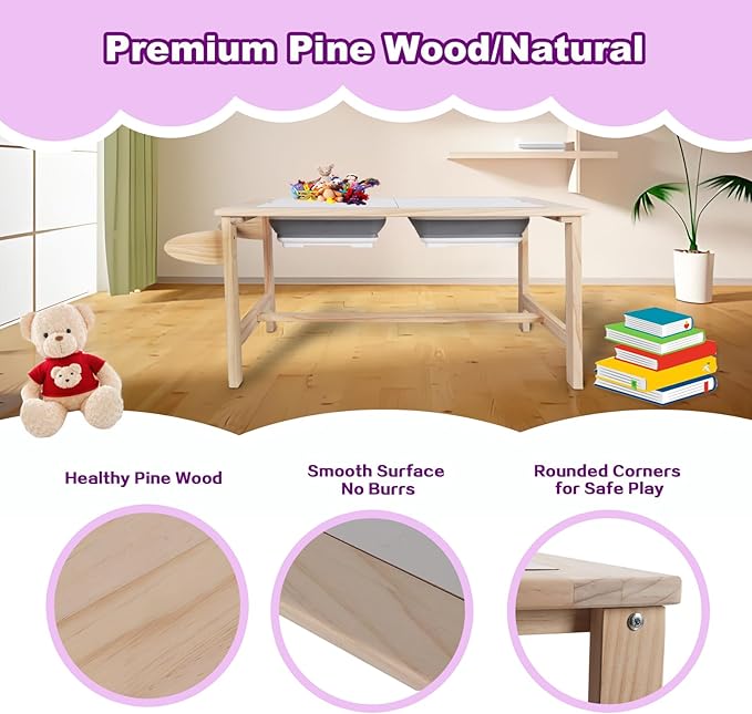 Kids Sensory Bins Table with 2 Stool, Multifunctional Children Interactive Activity Wooden Table Set for 1-3 Years, Drawing Table Play Sand & Water Table with Storage Bins Lid