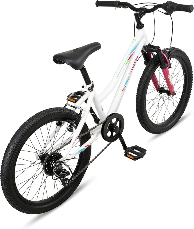 Cavern Mountain Bike for Youth or Adult Boys Girls, 7 or 21-Speed Twist Shifter Options, 20/24/26-Inch Wheels, 11 to 17.5-Inch Steel Frame, Front Suspension, Kickstand Included