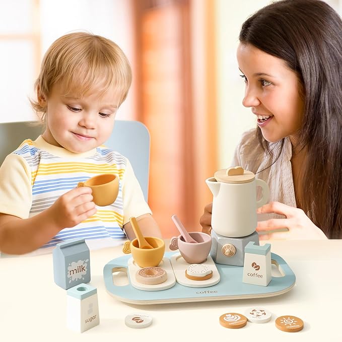 Wooden Tea Set for Little Girls and Boys | 18 PCS Kids Coffee & Tea Set for Toddlers | Pretend Play Toy with Silicone Accessories - Ideal Gift
