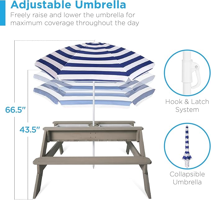 Best Choice Products Kids 3-in-1 Sand & Water Table, Wood Outdoor Convertible Picnic Table w/Umbrella, 2 Trays, Removable Top, 220lb Capacity Per Bench - Gray/Navy