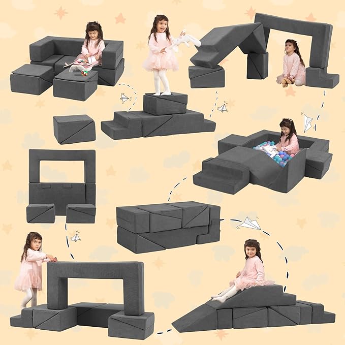 Kids Play Couch Foam Climbing Blocks for Toddlers Sofa Convertible Climbing Toy for Creative Child Girls and Boys Climber Playroom Furniture (Dark Grey)