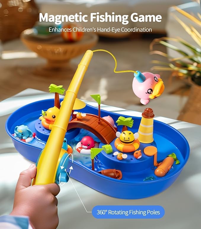 Geyiie Big Magnetic Fishing Pond with Magic Sand & Water Play - Summer Toy for Toddlers and Babies, 20.5 x 12.6 x 2.4 Inches