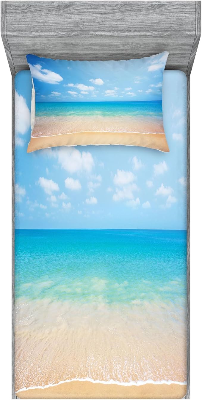Ambesonne Ocean Fitted Sheet & Pillow Sham Set, Dreamy Hot Tropical Sea Coast with Soft Waves and Sunny Sky Landscape Nature Life, Decorative Printed 2 Piece Bedding Decor Set, Twin, Beige Aqua